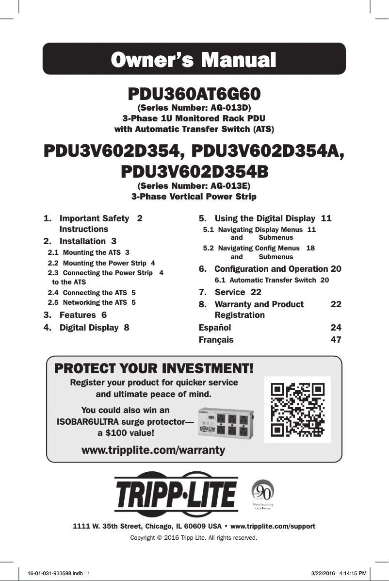 Page n°1 - Manuel utilisateur Tripp Lite PDU3V602D354A
