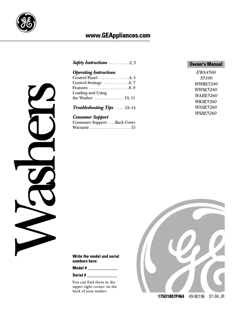 Page 1 de la notice Manuel d'utilisation et d'entretien GE S5100DWW