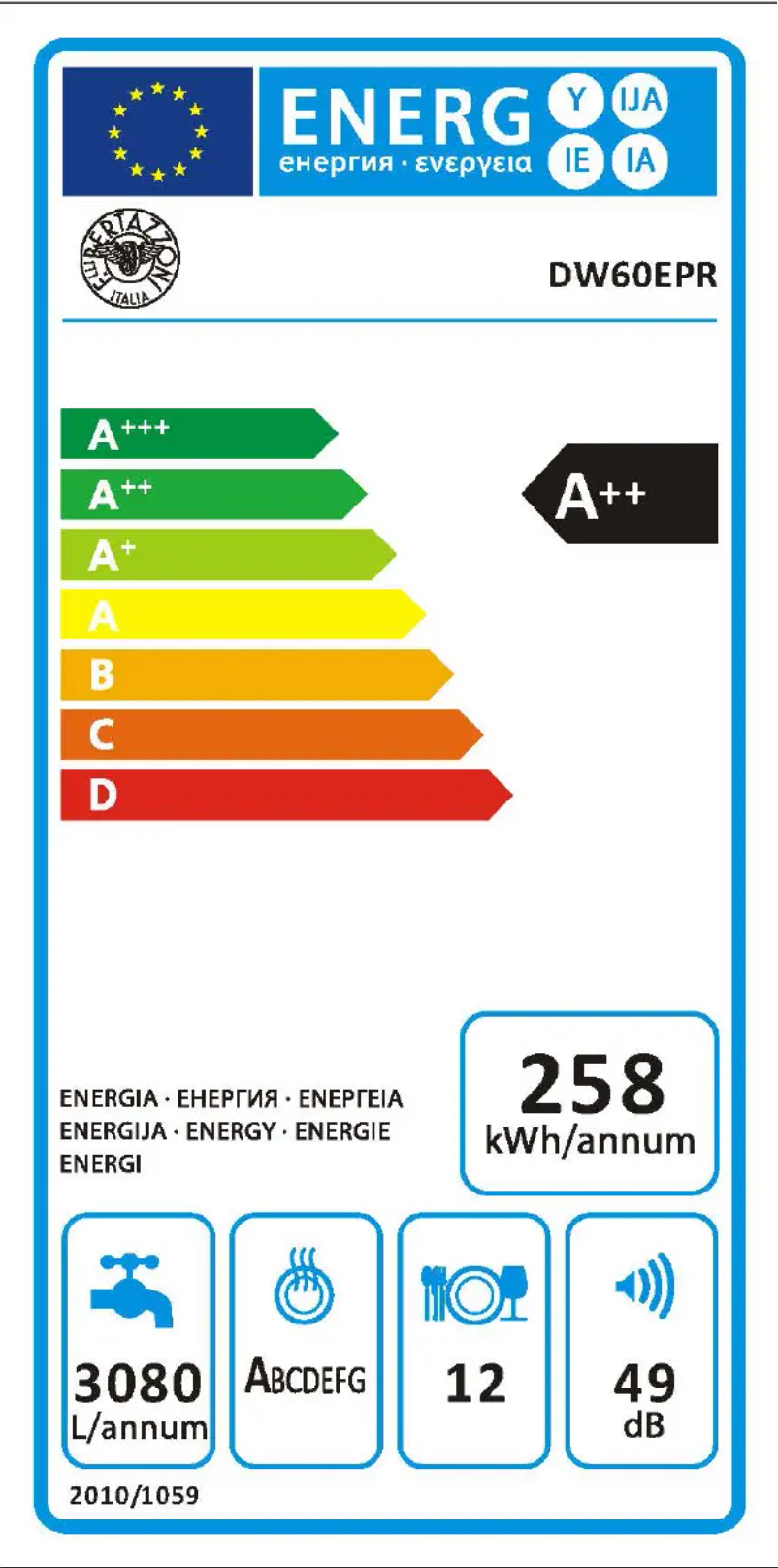 Page 1 de la notice Label énergétique Bertazzoni DW60EPR