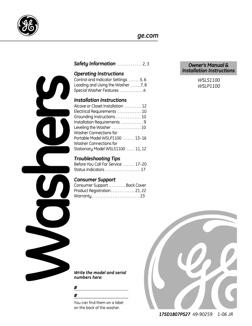 Page n°1 - Manuel d'utilisation et d'entretien GE WSLP1100DWW