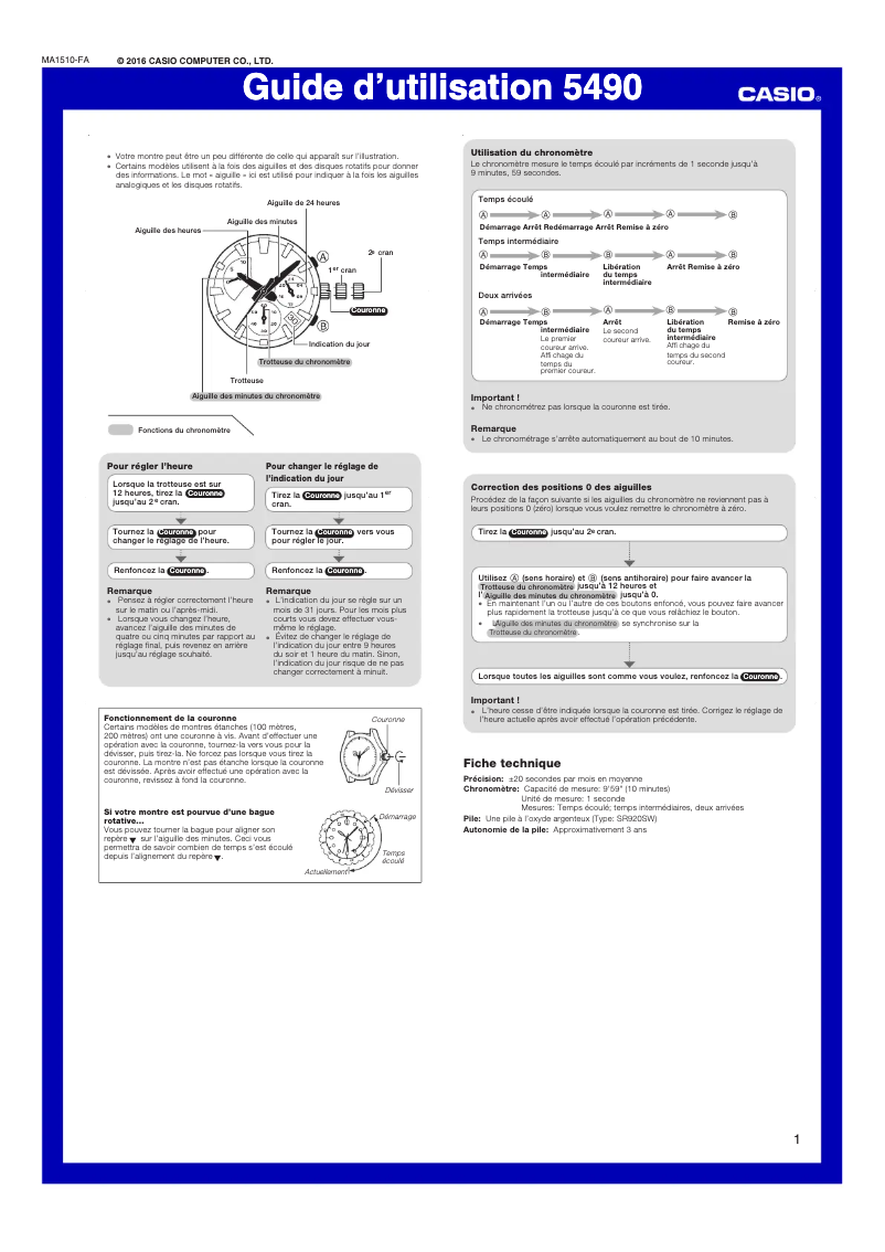 Page 1 de la notice Manuel utilisateur Casio EFR-552GL-2AVUEF