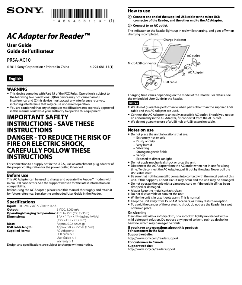 Page 1 de la notice Manuel utilisateur Sony PRSA-AC10