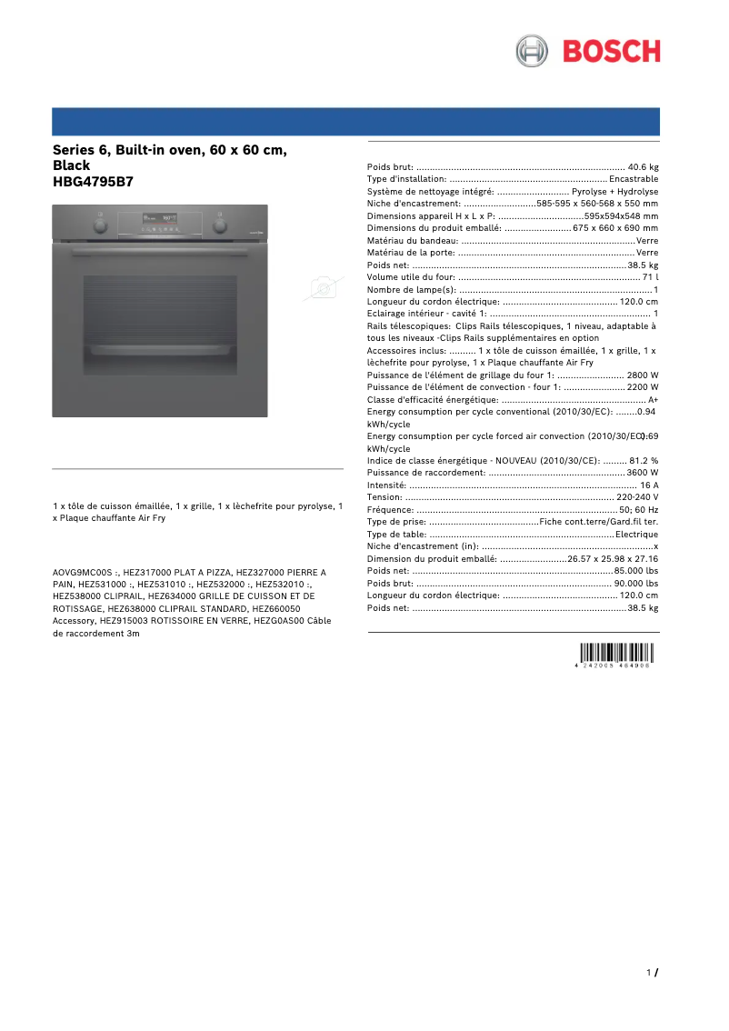 Page 1 de la notice Fiche technique Bosch HBG4795B7