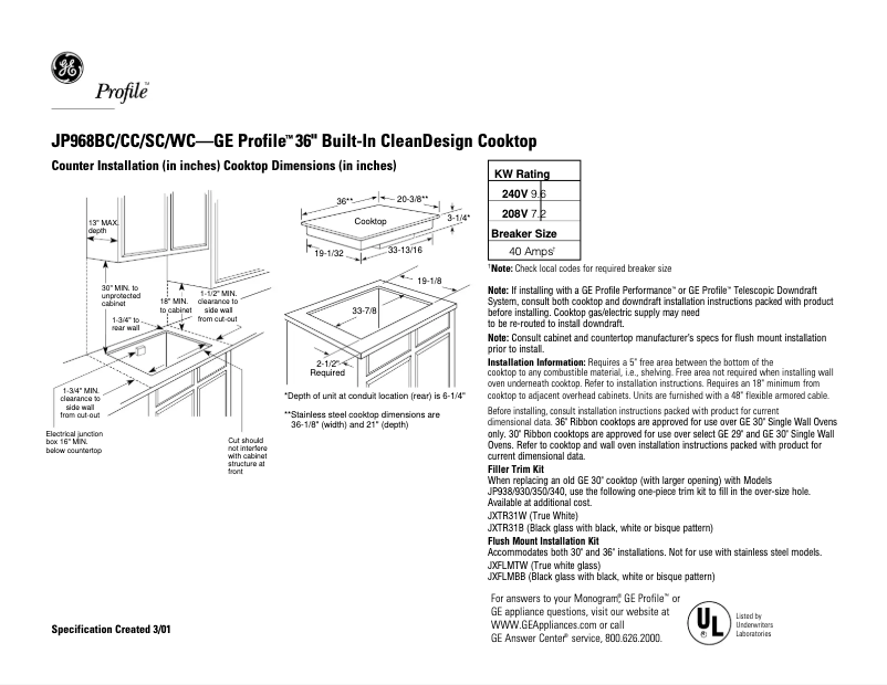 Page n°1 - Fiche technique GE Profile JP968WCWW