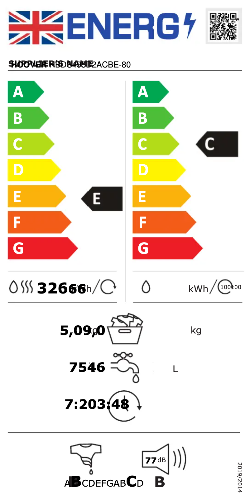 Page n°1 - Label énergétique Hoover H-WASH 300 LITE HBDS495D2ACBE-80