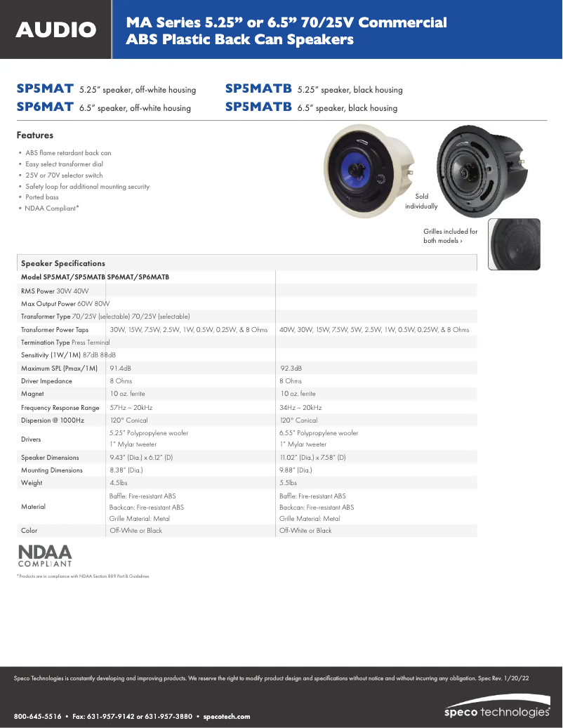 Page 1 de la notice Fiche technique Speco Technologies SP6MAT