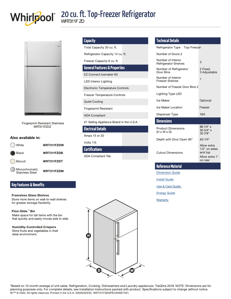 Page 1 de la notice Fiche technique Whirlpool WRT104TFDT