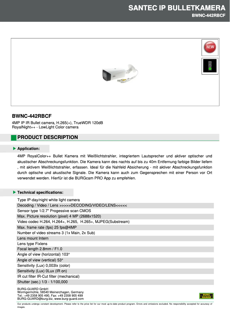 Page 1 de la notice Fiche technique Burg Wächter BWNC-442RBCF