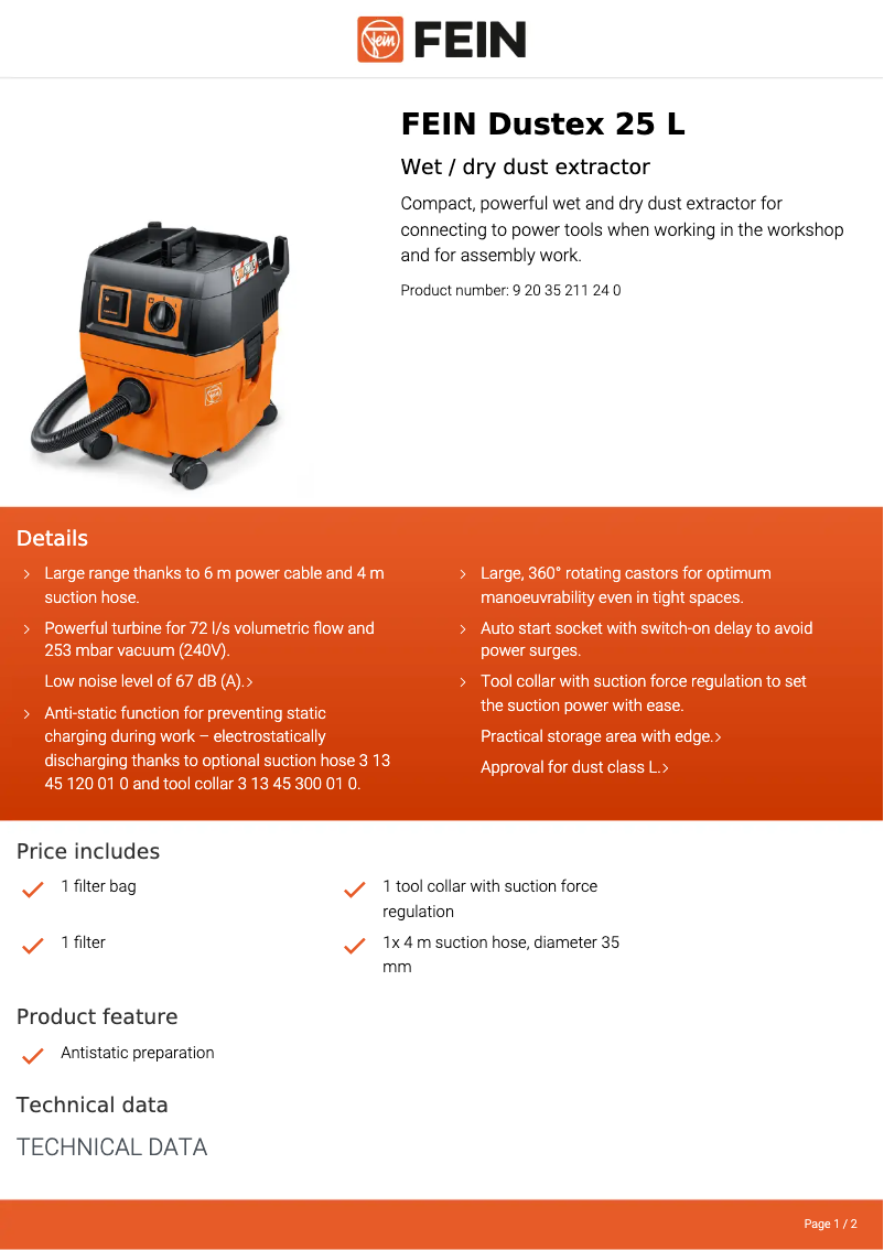 Page 1 de la notice Fiche technique Fein Dustex 25 L