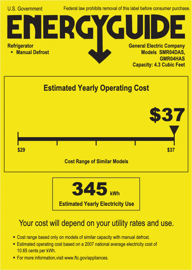 Page 1 de la notice Label énergétique GE GMR04HASCS