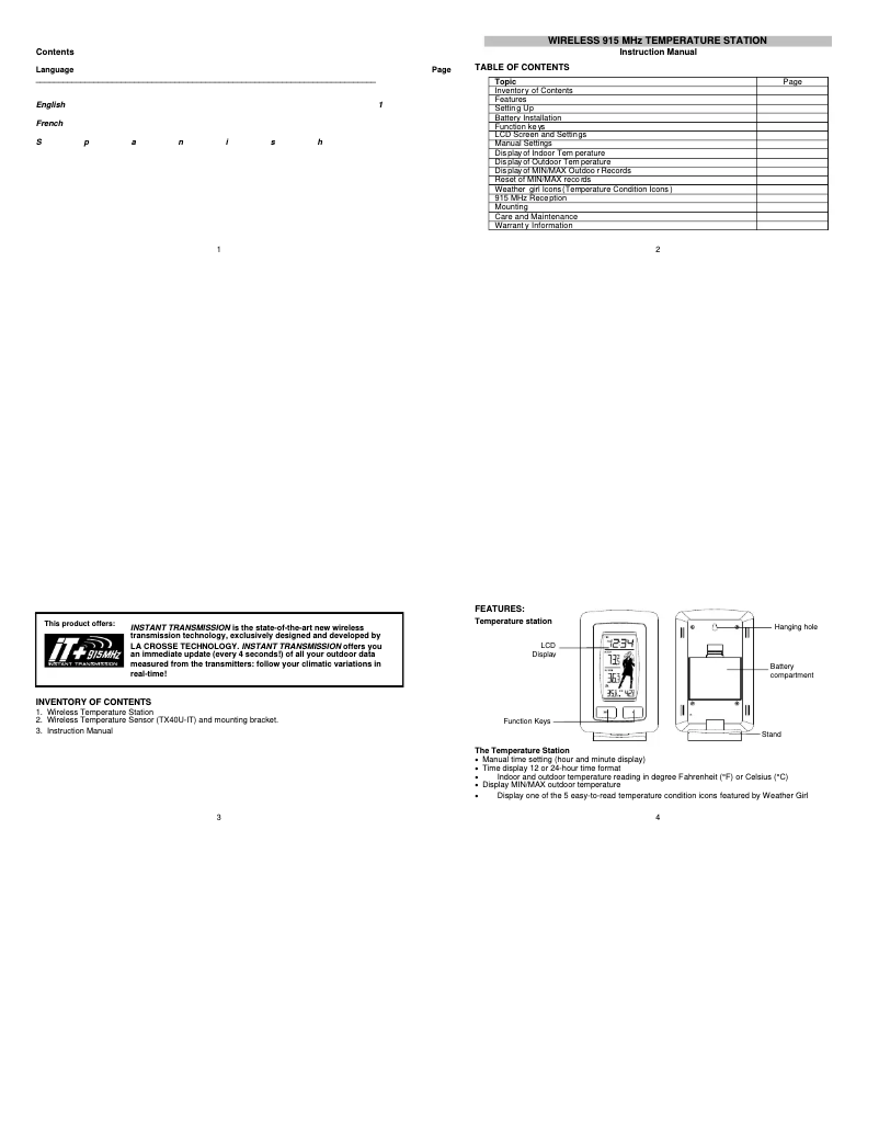 Page n°1 - Manuel utilisateur La Crosse Technology WS-9760U-IT