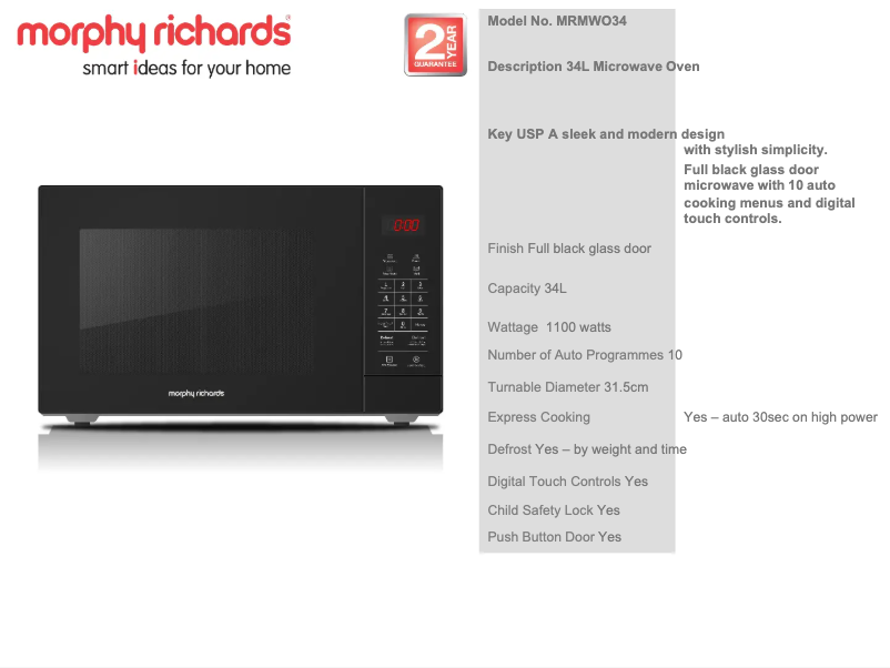 Page 1 de la notice Fiche technique Morphy Richards MRMWO34