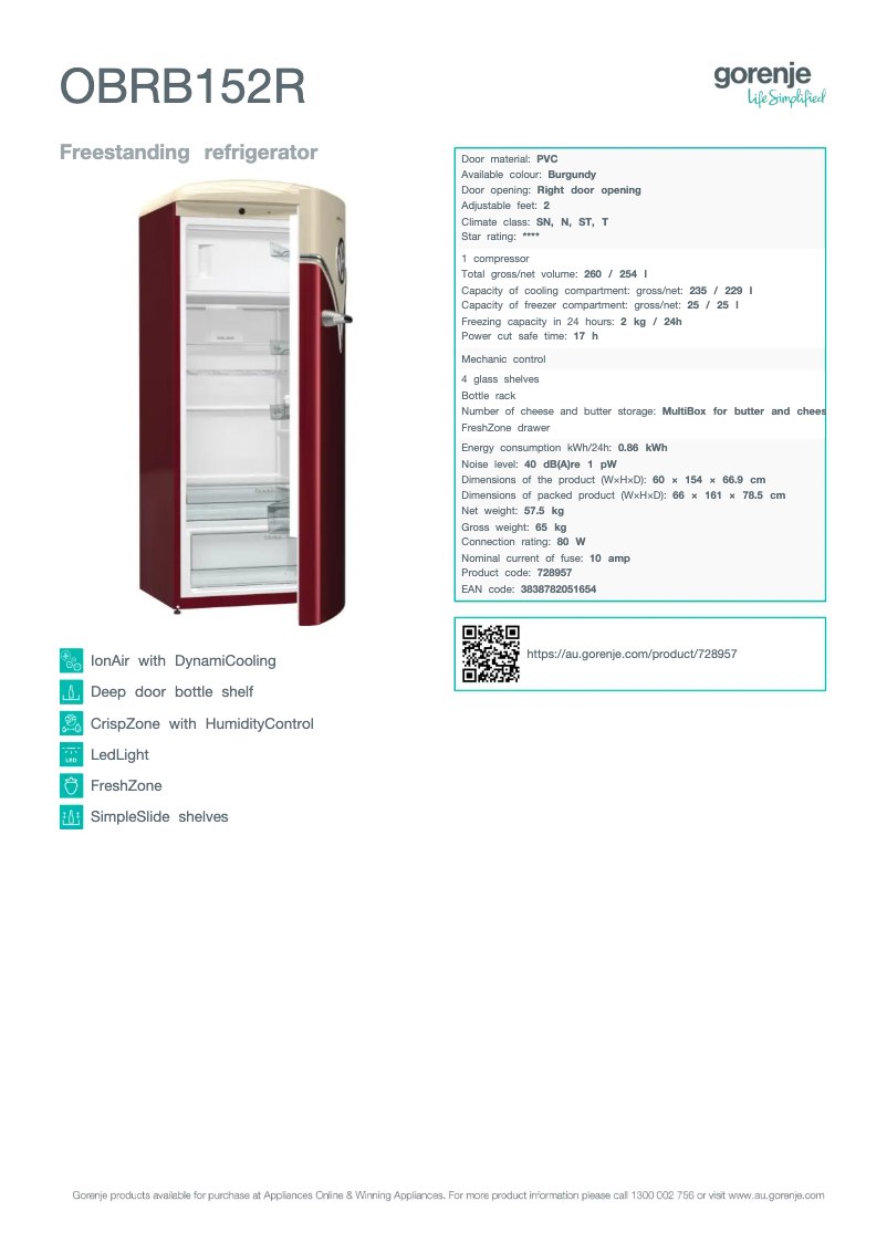 Page n°1 - Fiche technique Gorenje OBRB152R