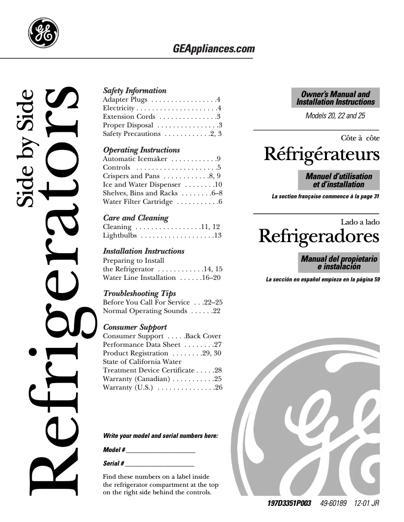 Page n°1 - Guide d'installation GE GSS22JEMWW