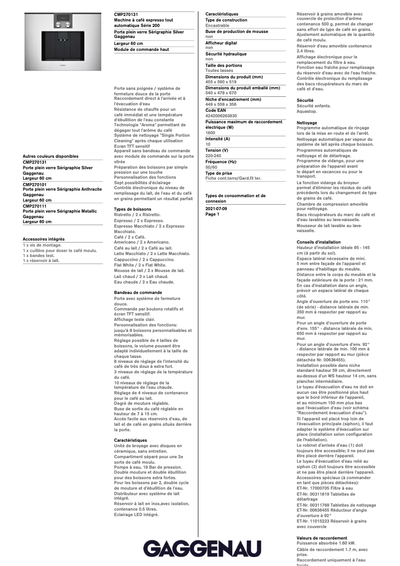 Page 1 of the manual Technical Sheet Gaggenau CMP270131
