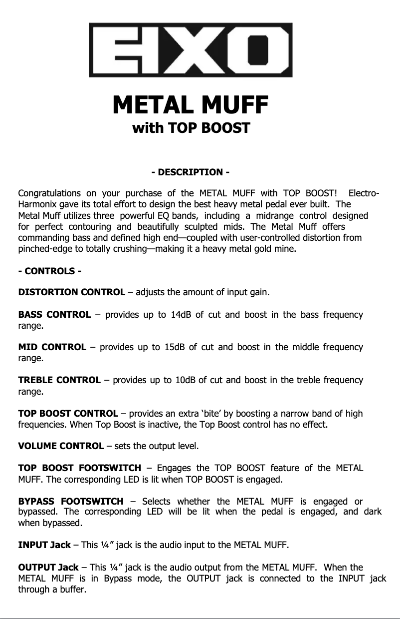 Page n°1 - Manuel utilisateur Electro Harmonix Metal Muff