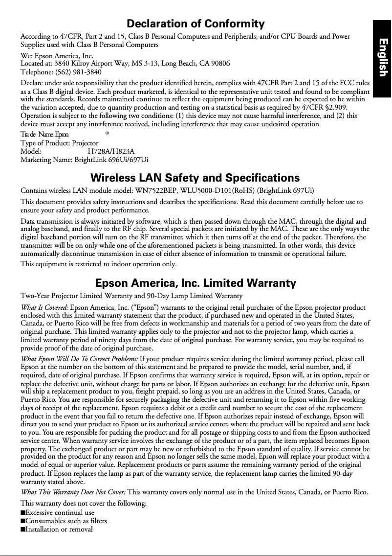 Page 1 de la notice Informations de garantie Epson BrightLink 697Ui
