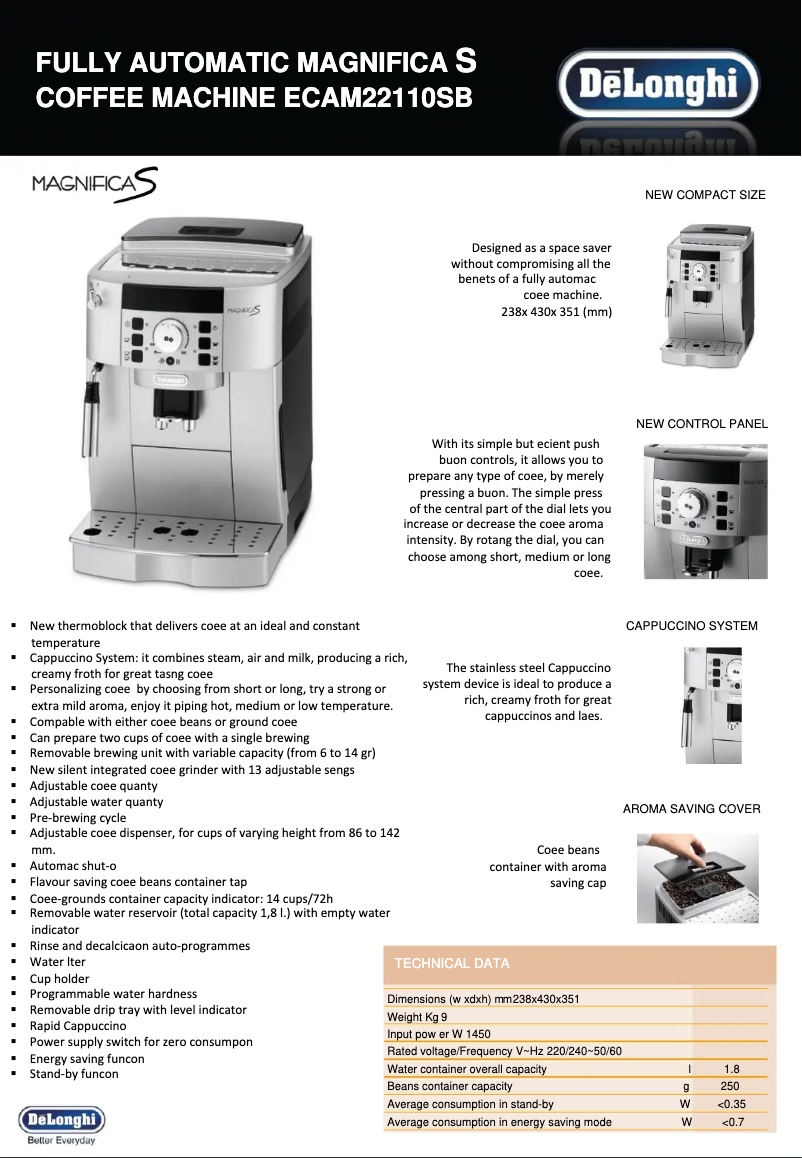 Page 1 de la notice Fiche technique DeLonghi Magnifica S ECAM 22.110.SB