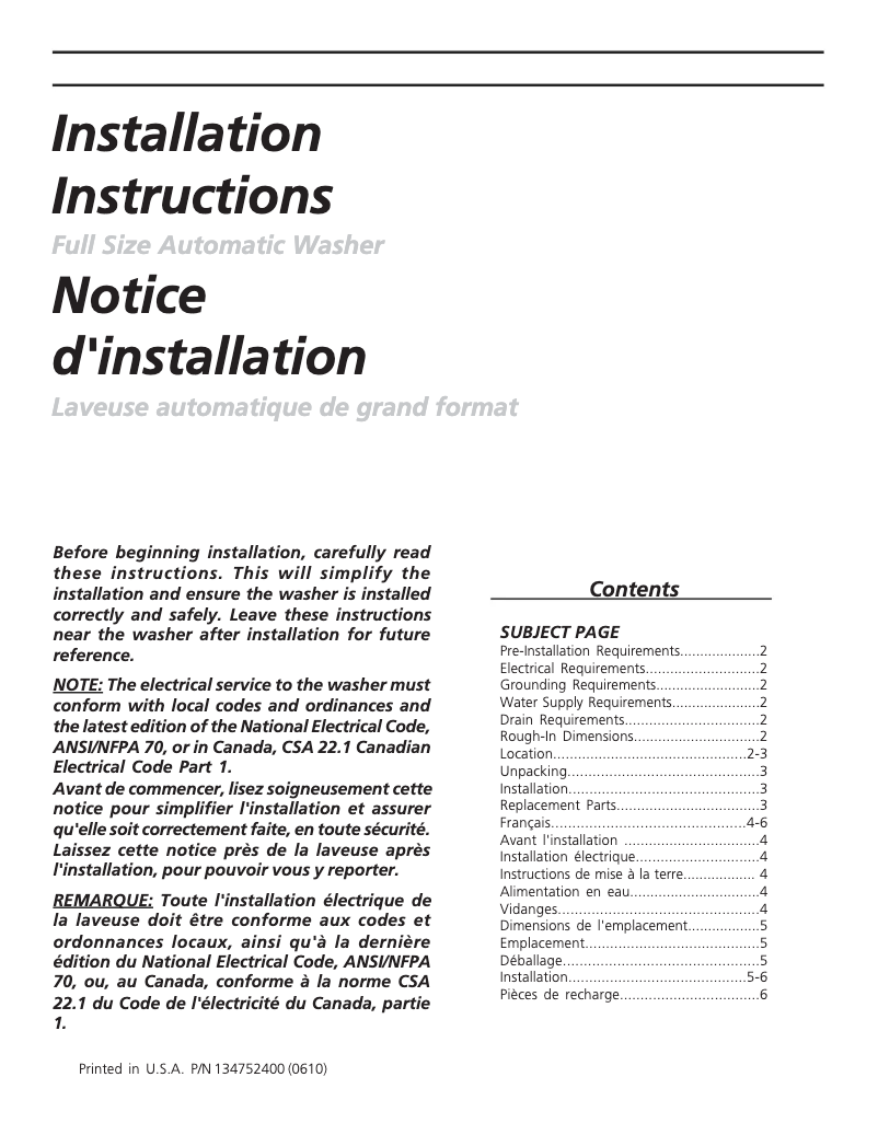 Page 1 de la notice Guide d'installation Frigidaire GLWS1439FS