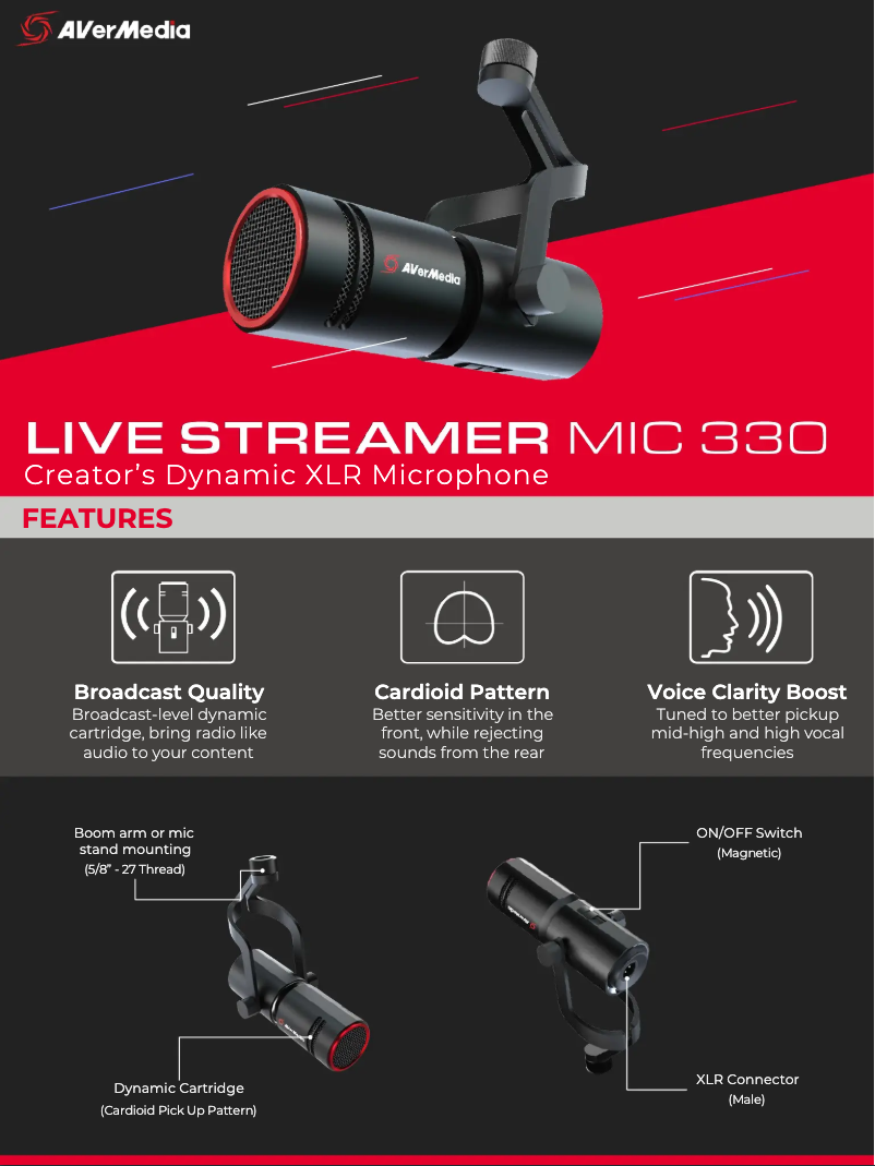 Page 1 de la notice Fiche technique AVerMedia Live Streamer MIC 330