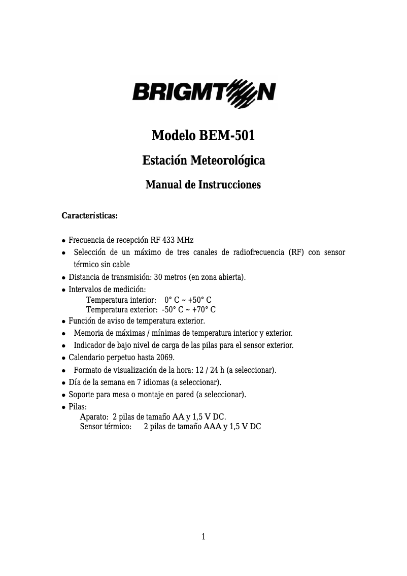 Imagen de la primera página del manual del dispositivo BEM-501