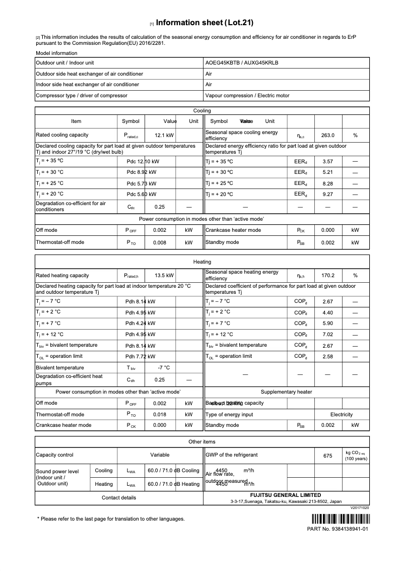 Page 1 de la notice Fiche technique Fujitsu AOEG45KBTB