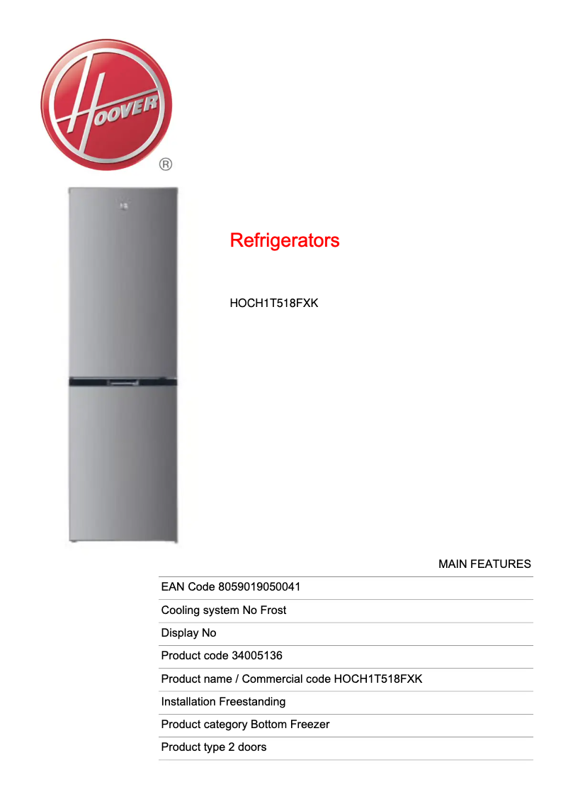 Page 1 de la notice Fiche technique Hoover HOCH1T518FXK