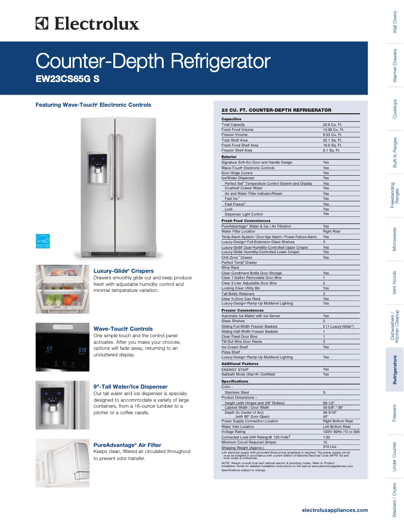 Page 1 de la notice Fiche technique Electrolux EW23CS65GB