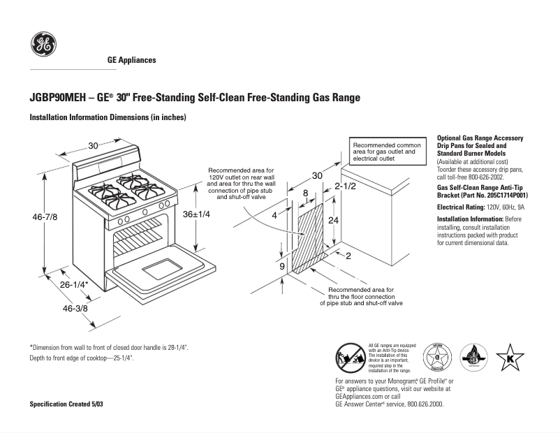 Page 1 de la notice Fiche technique GE JGBP90MEHBC