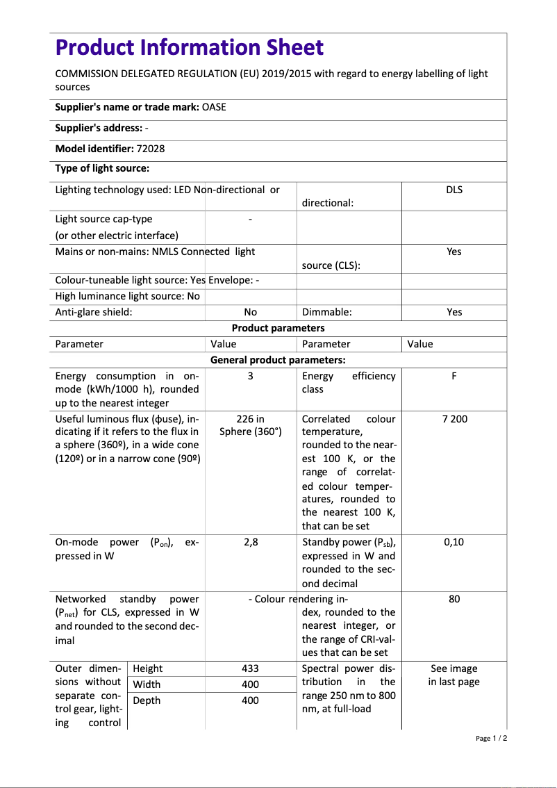 Page 1 de la notice Fiche technique Oase biOrb CUBE