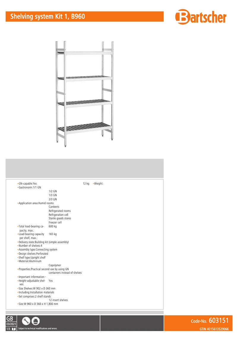 Page 1 de la notice Manuel utilisateur Bartscher 603151