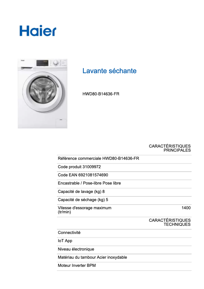 Page 1 de la notice Manuel utilisateur Haier HWD80-B14636