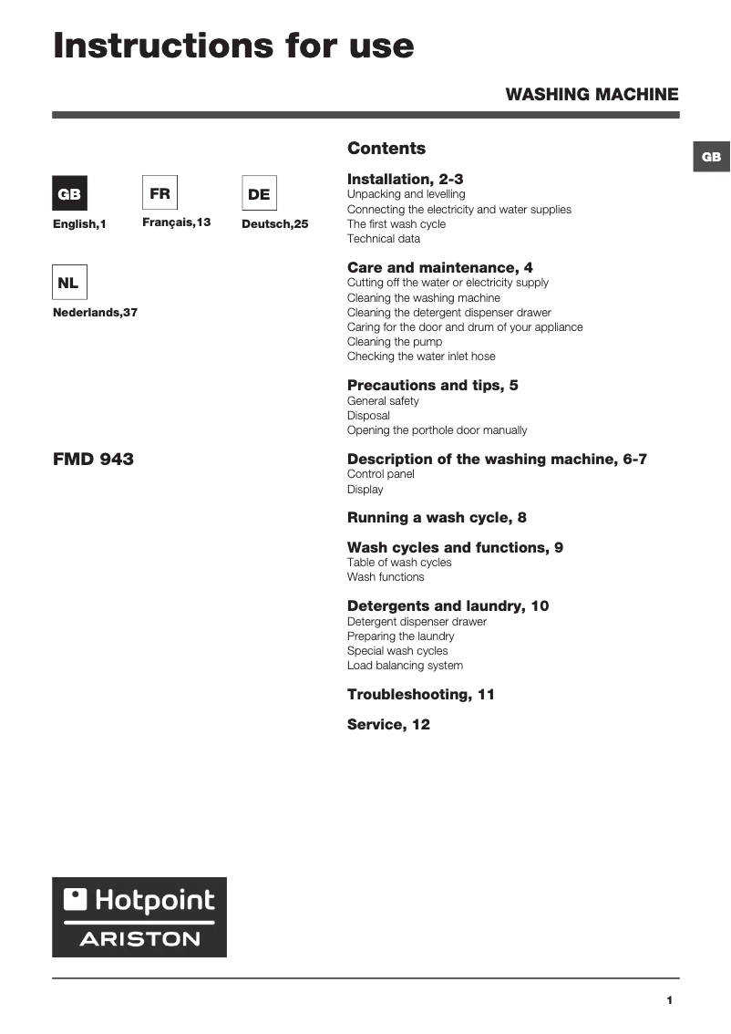 Page n°1 - Manuel utilisateur Hotpoint Ariston FMD 943