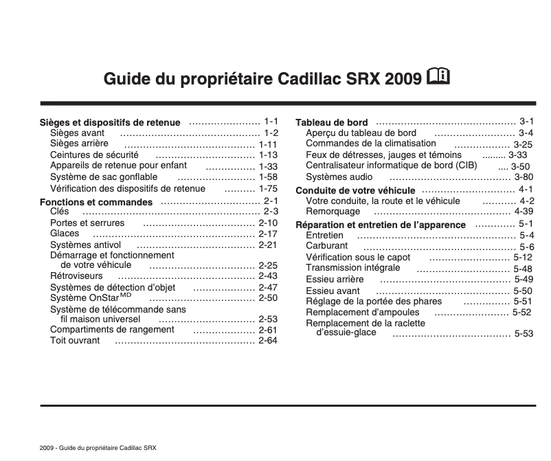 Page 1 de la notice Manuel utilisateur Cadillac SRX (2009)