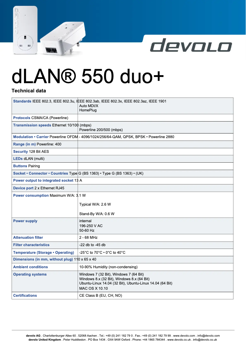 Page n°1 - Fiche technique Devolo dLAN 550 duo+