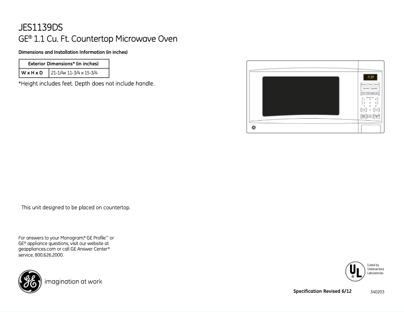 Page 1 de la notice Fiche technique GE JES1139DSWW