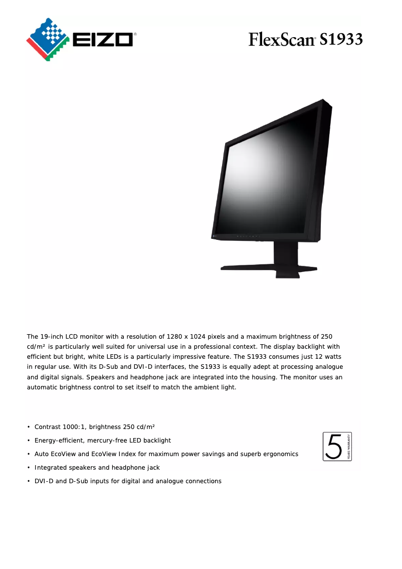 Page 1 de la notice Manuel utilisateur Eizo FlexScan S1933H