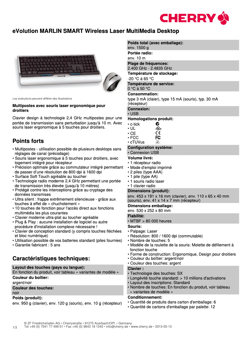 Page 1 de la notice Fiche technique Cherry eVolution MARLIN SMART