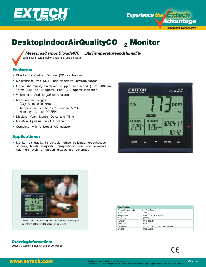 Page 1 de la notice Fiche technique Extech CO100