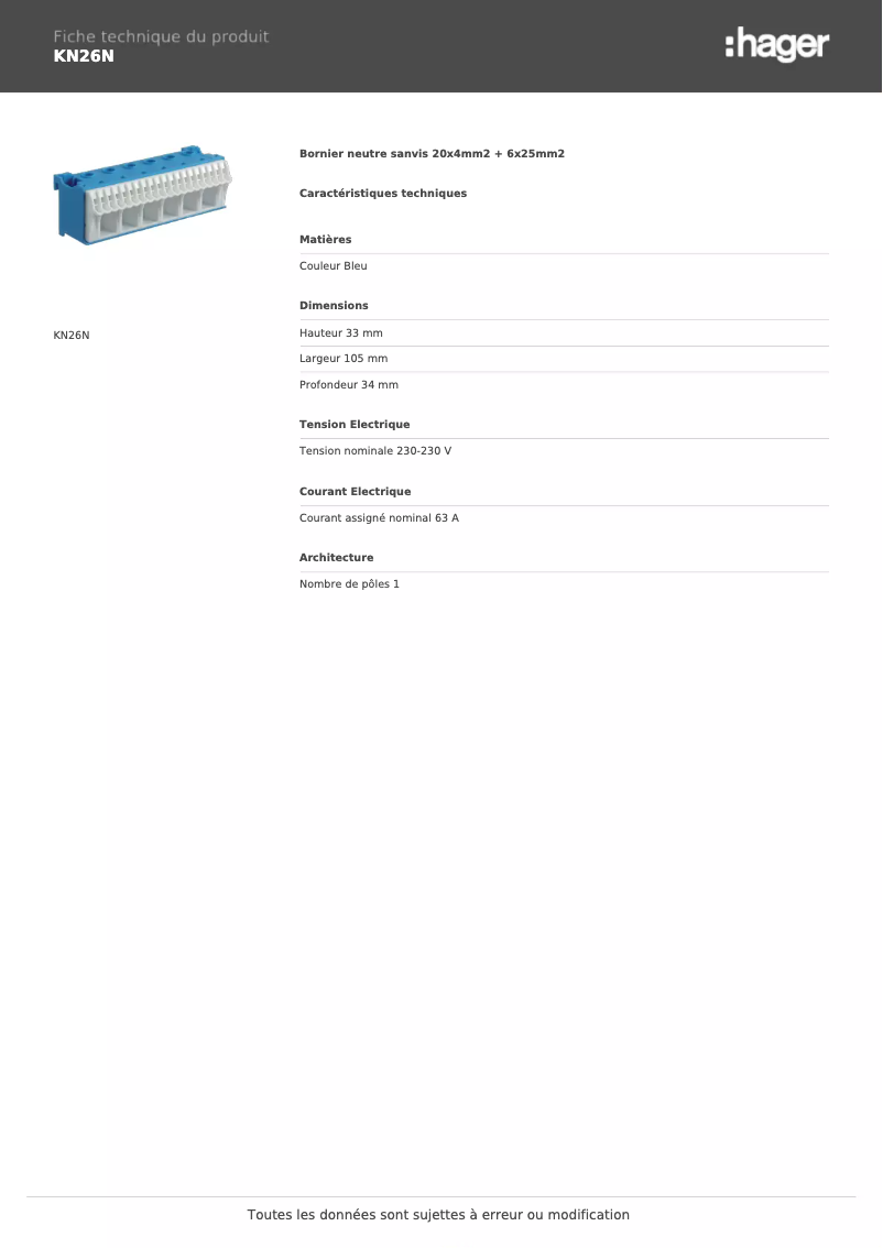 Page 1 de la notice Fiche technique Hager KN26N
