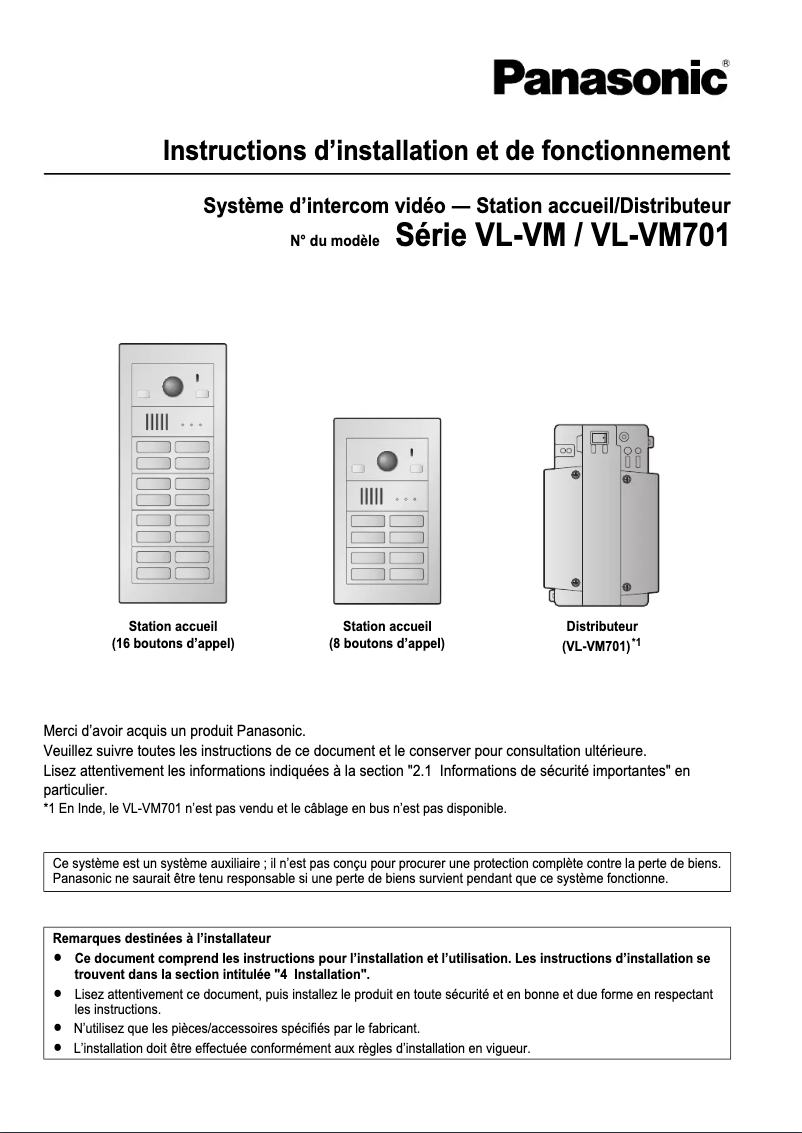 Page 1 de la notice Manuel utilisateur Panasonic VL-VM603