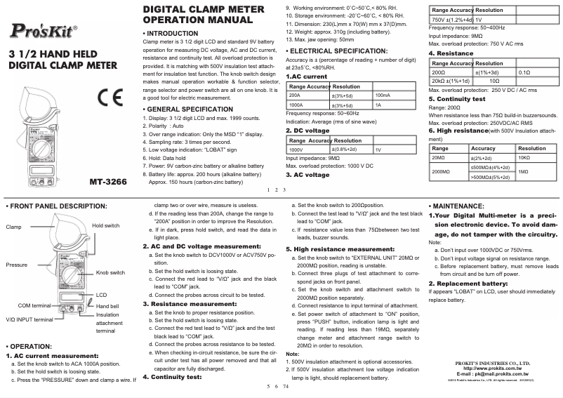 Page 1 de la notice Manuel utilisateur Pro'sKit MT-3266