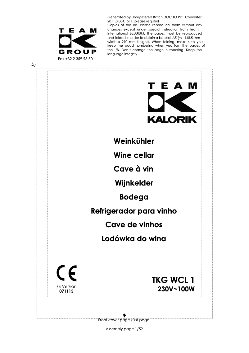 Page n°1 - Manuel utilisateur Kalorik TKG WCL 1