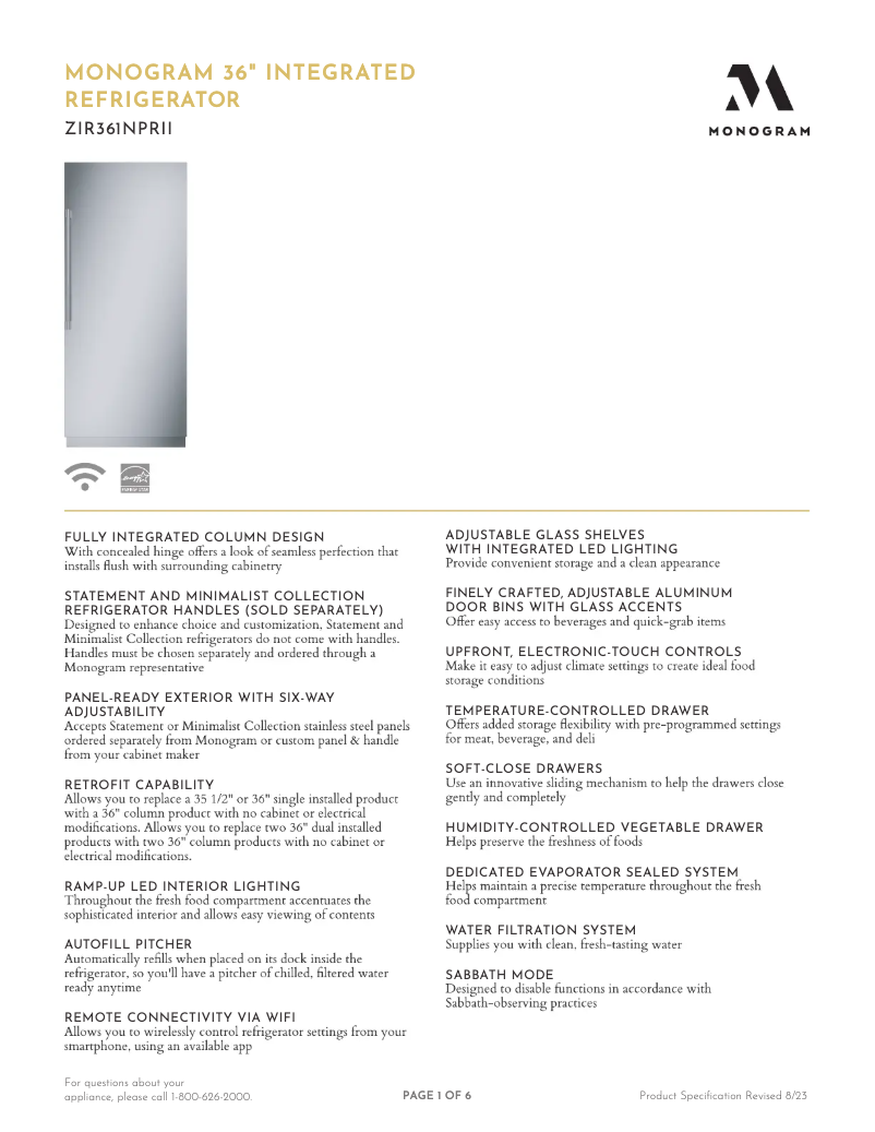 Page 1 de la notice Fiche technique Monogram ZIR361NPRII