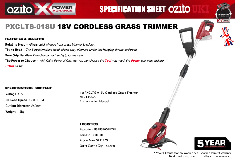 Page 1 de la notice Fiche technique Ozito PXCLTS-018U