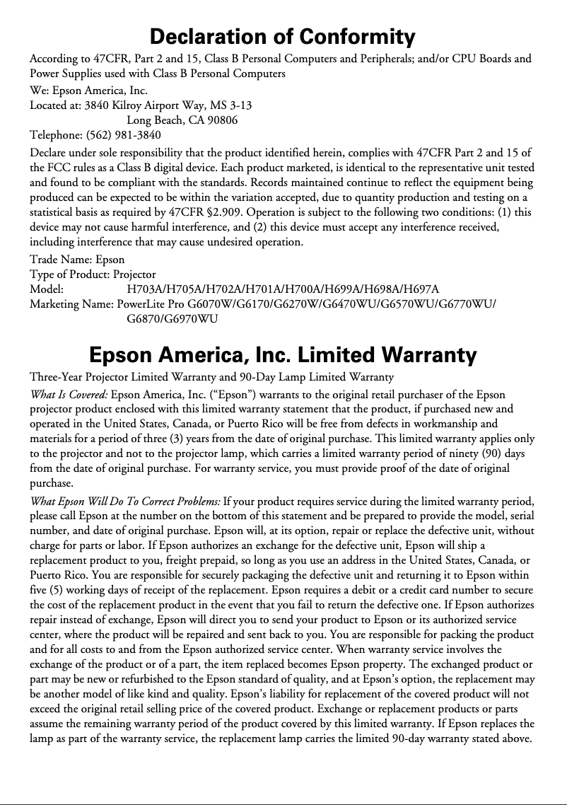 Página 1 del manual Información de garantía Epson PowerLite Pro G6470WU