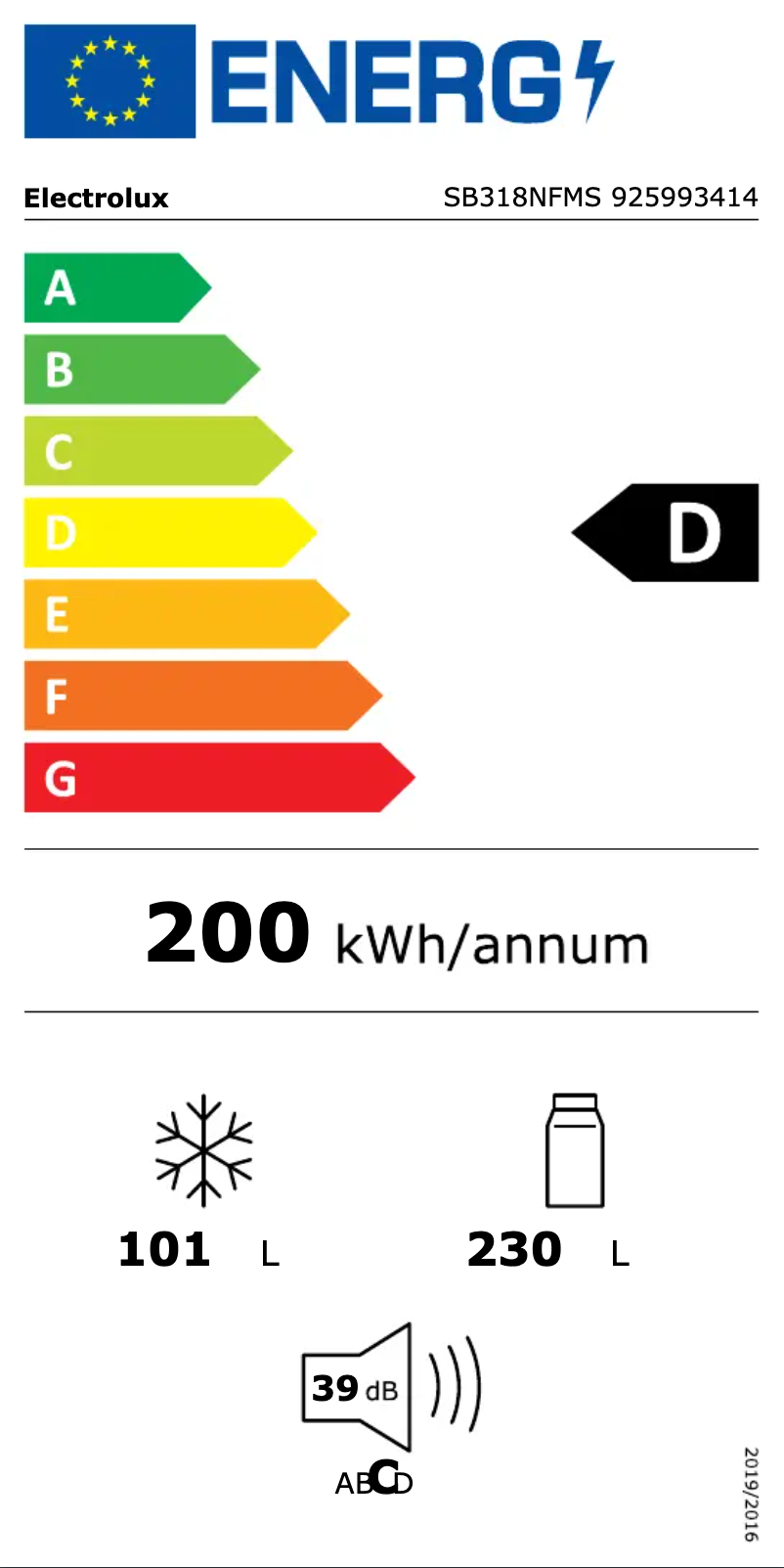 Page n°1 - Label énergétique Electrolux SB318NFMS
