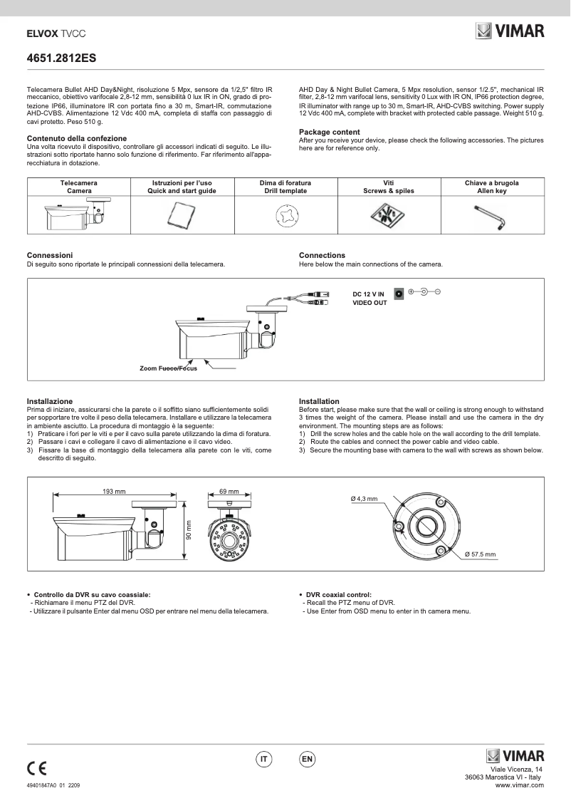Page 1 de la notice Manuel utilisateur Vimar ELVOX 4651.2812ES