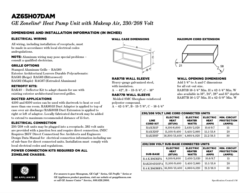 Page 1 de la notice Fiche technique GE AZ65H07DAM