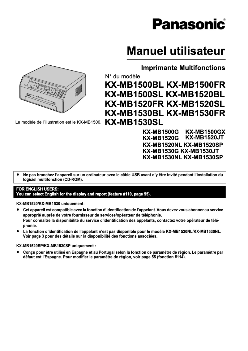 Page 1 de la notice Manuel utilisateur Panasonic KX-MB1530SL